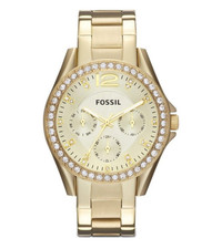 Fossil Riley Damenuhr Chronograph Gold – Edelstahl, Strasslünette, Quarz, NEU