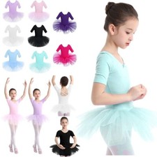 DE Kinder Mädchen Ballettkleid Trikot Kurzarm Tanzkleid mit Tüll Wickelrock Set