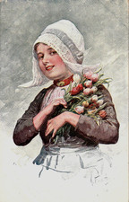 AK   Frau mit Haube und Tulpen