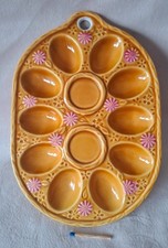 Vintage Keramik Eier Platte Ocker Gelb mit Blumen Servier Teller Landhaus