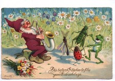 Ak Zwerg mit Saxophon Frosch Heuhupfer Käfer tanzen Fritz Baumgarten