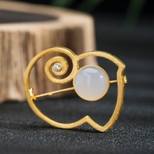 I04 Brosche Eidechse Salamander mit weißem Achat Sterling Silber 925 vergoldet