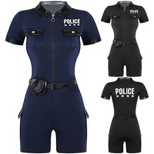DE Damen Polizistin Kostüm Cosplay Polizei Jumpsuit Overalls Kurzarm Cop Uniform
