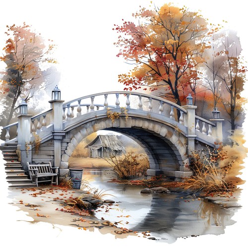 Wandbild holzbrücke fluss - holzbrücke,