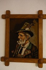 Gobelin-Stickbild Bergbauer m. Massivholzrahmen - Stickbild Bauer - 80er Jahre