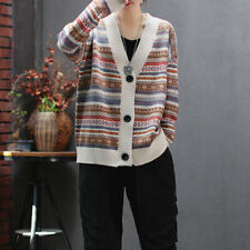 Damen Strickjacke Gestrickt Weste V-Ausschnitt Pullover Top Gestreift Ethnisch