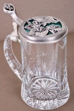 Vintage Bierkrug Bleikristall mit Zinnmontierung Zinndeckel Jugendstil Grünglas
