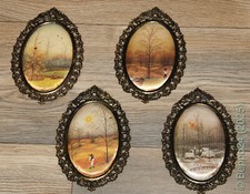 4 Jahreszeiten Miniatur Bilder Seidenbild Stoffbild Matallrahmen Oval