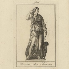 Griechische Mythologie Diana Artemis Göttin der Jagd Original Kupferstich 19 Jhd