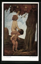Künstler-AK Ludwig von Zumbusch: Der Sündenfall, zwei nackte Buben pflücken ein 