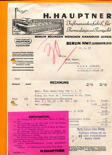Rechnung 1937 hauptner - rechnung, h.hauptner
