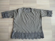 Festlicher grauer Pullover mit goldenem Glitzer und Spitze 3/4 Arm Gr. 48 XXL 