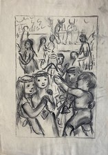 Charlotte Zurek 1910-1971 Kohle Tanzende Kinder Blumenkränze Mittsommer Herzen