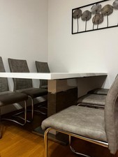 Moderner Esstisch TURIN mit 6 Stühlen, Hochglanz Weiß/Grau