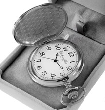 Eichmüller Taschenuhr Chrom Silber 45 mm Savonnette Quarz Kette & Box 3 Zeiger