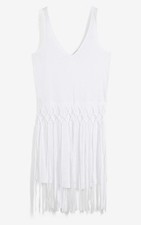 Strandkleid mit Fransen Gr. 44/46 Weiß Damen-Kleid Kurz Sommerkleid Ärmellos Neu