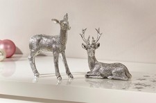 Dekofiguren Reh & Hirsch silber glänzend Tierfigur Tierskulptur Kunststein Deko