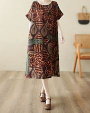 ❣️Cottage Muster Kleid Tunika Taschen Leinen Kurzarm Pfau 42  44 2XL 46