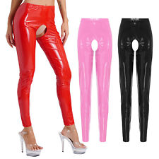 Damen Wetlook Leggings Lederhose Glänzend Offenem Schritt Lange Hose Strumpfhose