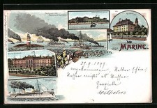 Lithographie Kiel, Marine-Akademie, Kaiserl. Yacht Hohenzollern, Kgl. Schloss 