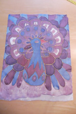 ?radschlagender Pfau Paradiesvogel blau lila?Bild auf Seide?Handarbeit Vogel