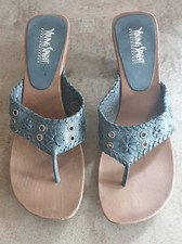 YOUNG SPIRIT Zehenpantolette?Echtleder blau Gr.39 Nieten Ösen Holzabsatz ? NEU