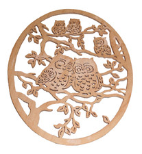 Fensterbild, ovale filigrane Deko aus Holz, Eulenfamilie 20x15 cm