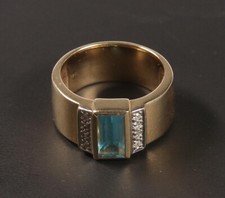 schöner 585er Gelbgold Caren Pfleger Ring mit Blautopas und Diamanten, Grösse 58