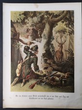 Farblithographie von 1856. Münchhausen und der Hirsch. nach A. von Wille: