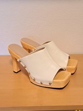 Neue High Heel Clogs Pantoletten Gr.46 Leder Nieten Holz in Weiß