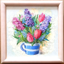 Blumen Gemälde neu Ölbild Frühlingsblumen Unikat handgemalt  26x26 cm Holzrahmen