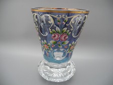 Glasvase emaillierte Blumen geschliffen Schleuderstern blau Überfangglas Malerei