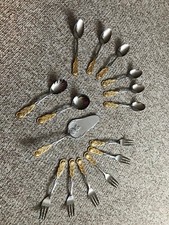 15-teiliges Kaffee-BESTECK vergoldet Rosenmuster Kaffeelöffel Kuchengabeln / NEU