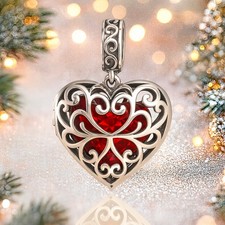Elegantes Sterlingsilber Medaillon rote Kristall Herzen Charm für Armband oder Halskette
