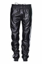 Herren Schwarz Leder 100% Echt Lammleder Jogger Hose Weiß Gestreift Sweatpant