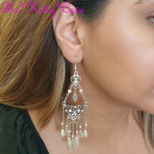 Elegant Silber Scrollen, Funkelnd Swarovski Kristall, Lang Kronleuchter Ohrringe