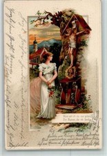 10507881 - Frau am Wegekreuz mit Gebetsbank AK Passepartout Religion 1901