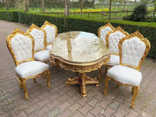 Tisch mit Stühlen Italienisch Barock 7-teilig Essgruppe Blattgold Weiß Leder