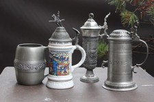 Antike Zinn Becher Krüge 4 Teile 1749er Jahre 1 Militär Krug %95 Zinn 2314 gram