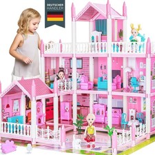 4 Etagen 11Zimmer Puppenhaus + Möbeln und Zubehör inkl. kleine Puppe LED Licht