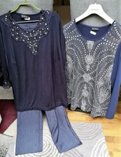 3-tlg. Damen-Kombination T-Shirt Bluse Hose Finn Karelia Gr. 46 blau-grau Straß