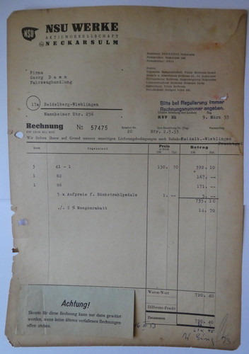 Original nsu rechnung 1953 - rechnung,