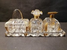 Altes 4tlg. Frisiertisch/Toilettenset Glasschale+Flacon+Zerstäuber+Dose Kristall