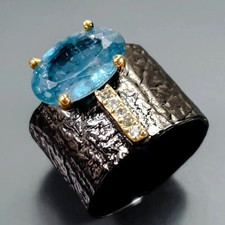 Feiner Designerring 925er Silber-geschwärzt-14ctGold-Kyanit & Topas-RG: 18-57