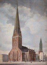 Hamburgensie - St. PETRI KIRCHE Große Lithografie C. Beer 1845 bei Ch. Fuchs