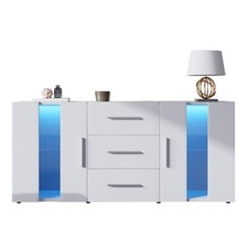 Hochglanz Sideboard 140 cm Kommode mit 3 Schubladen LED Beistellschrank Weiß