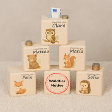 Spardose Waldtiere personalisiert Holz Name Geschenk Taufe Geburt Babybox