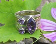♞ Ring zweifarbig Bänder mit lila Amethyst Stein des Februar Silber 925 Gr 17,8