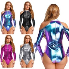 Damen Glänzender Metallischer Hai Kostüm Overall für Halloween Cosplay Bodysuit
