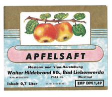 afG DDR Etikett Fruchtsaft APFELSAFT - DM, Bad Liebenwerda Walter Hildebrand KG